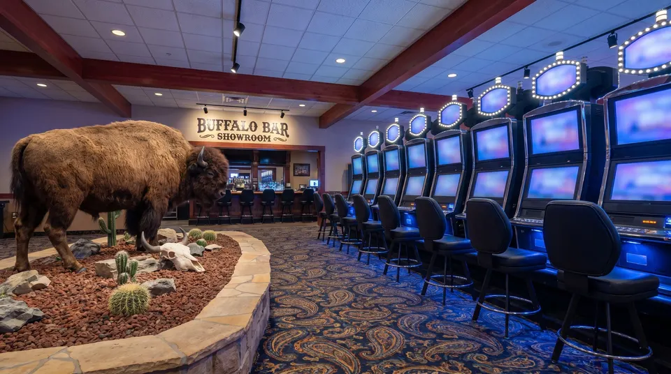 Bison display by Buffalo Bar Showroom and slot machines