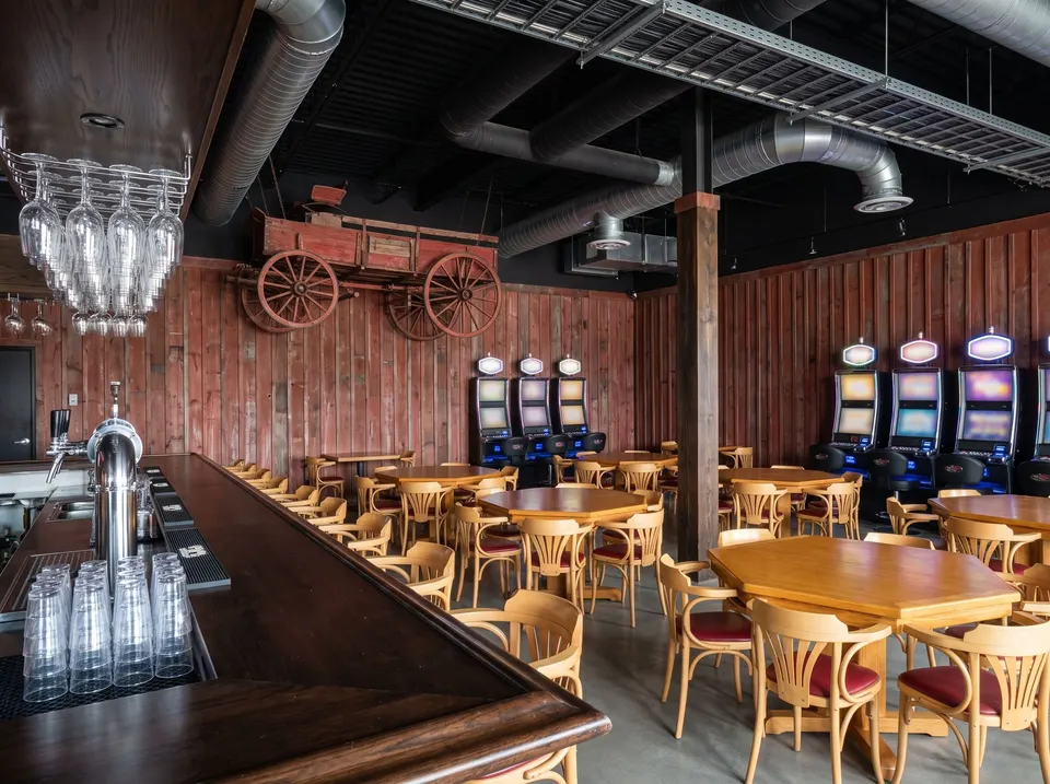 Bar and dining room at Bullys with a hanging wagon