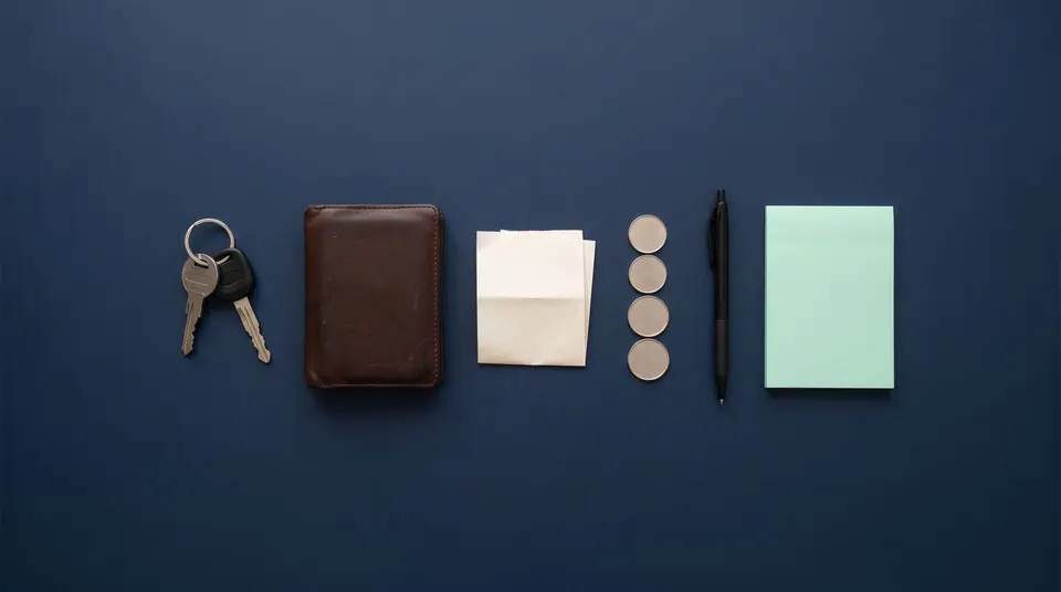 Keys, wallet, receipt, coins, pen and notepad in a row