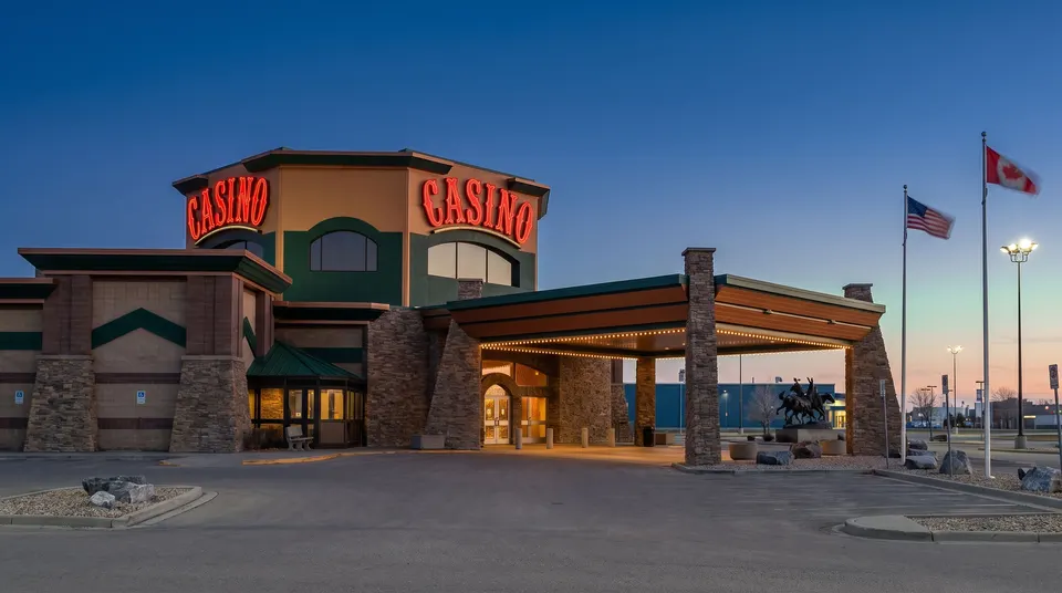 Casino entrance and canopy at blue hour